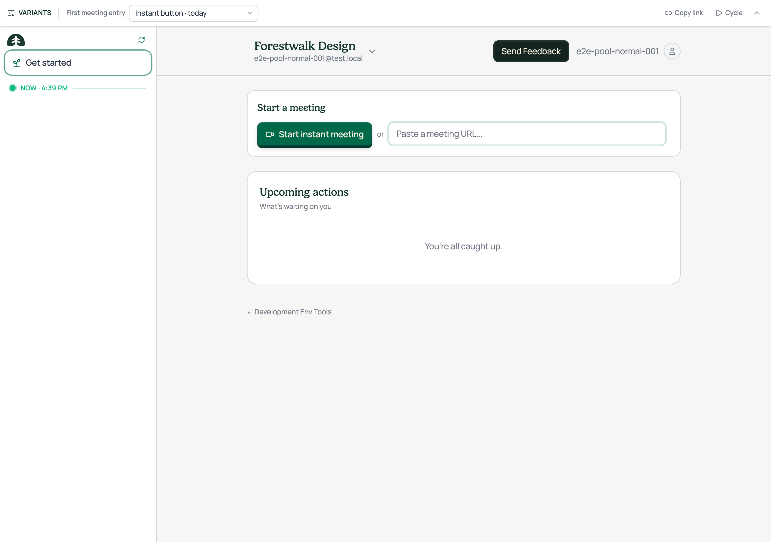 Option A · today's entry: a Start instant meeting button in the main column